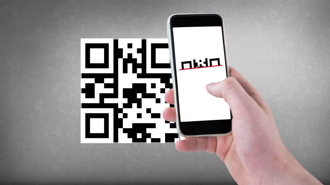Animation of woman scanning qr code with smartphone on grey background