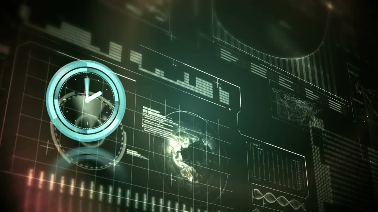 Animazione di un orologio al neon che ticchetta su un'interfaccia digitale con elaborazione dati su sfondo verde