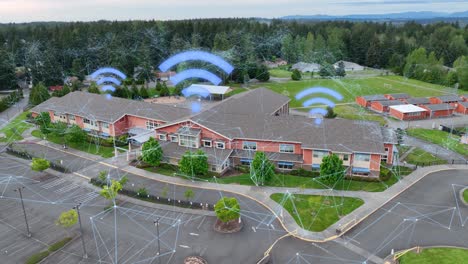 blue wifi symbols appearing over a grade school in america, internet is foundational to modern education