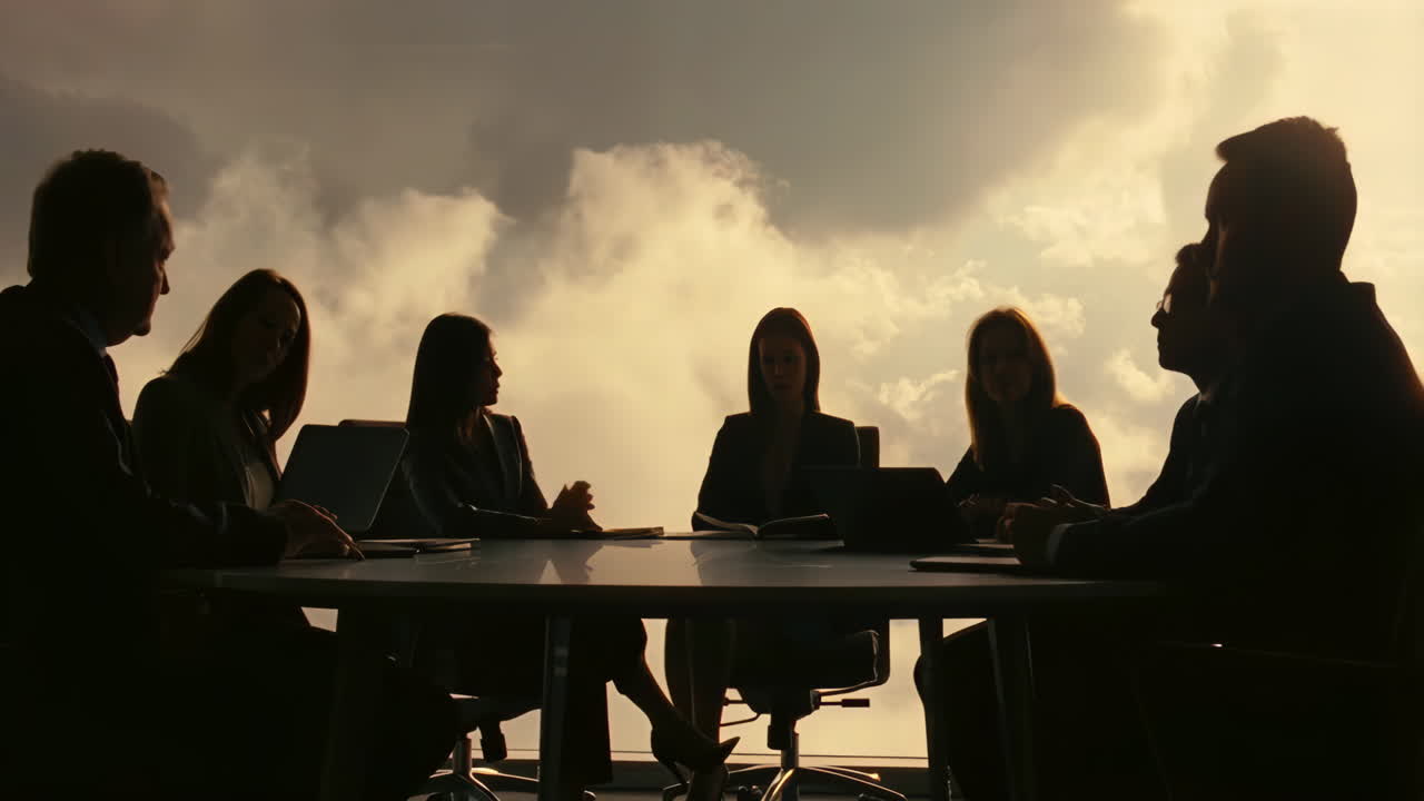 Business professionals in silhouette during a meeting against a bright, cloudy sky