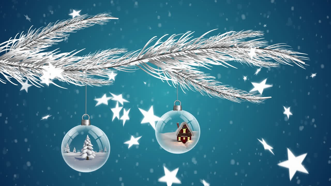 animación de estrellas caída sobre bolas de navidad en fondo azul