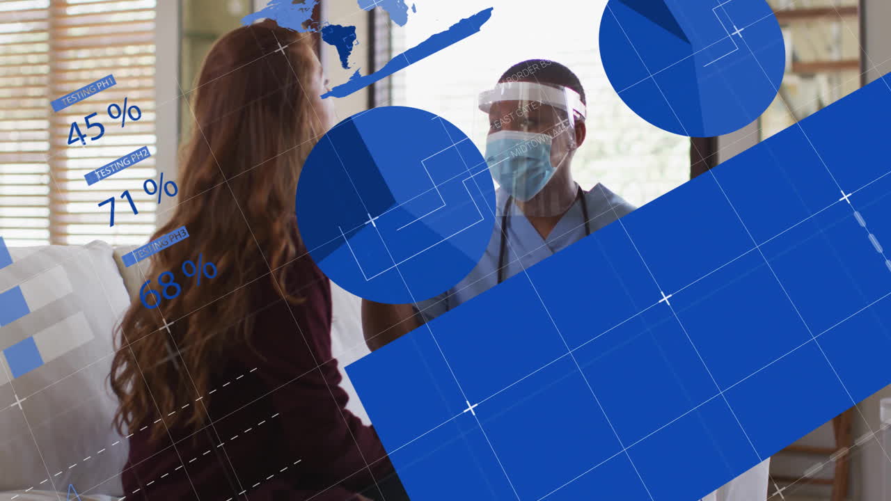 Healthcare worker in protective gear discussing digital data with woman in hospital