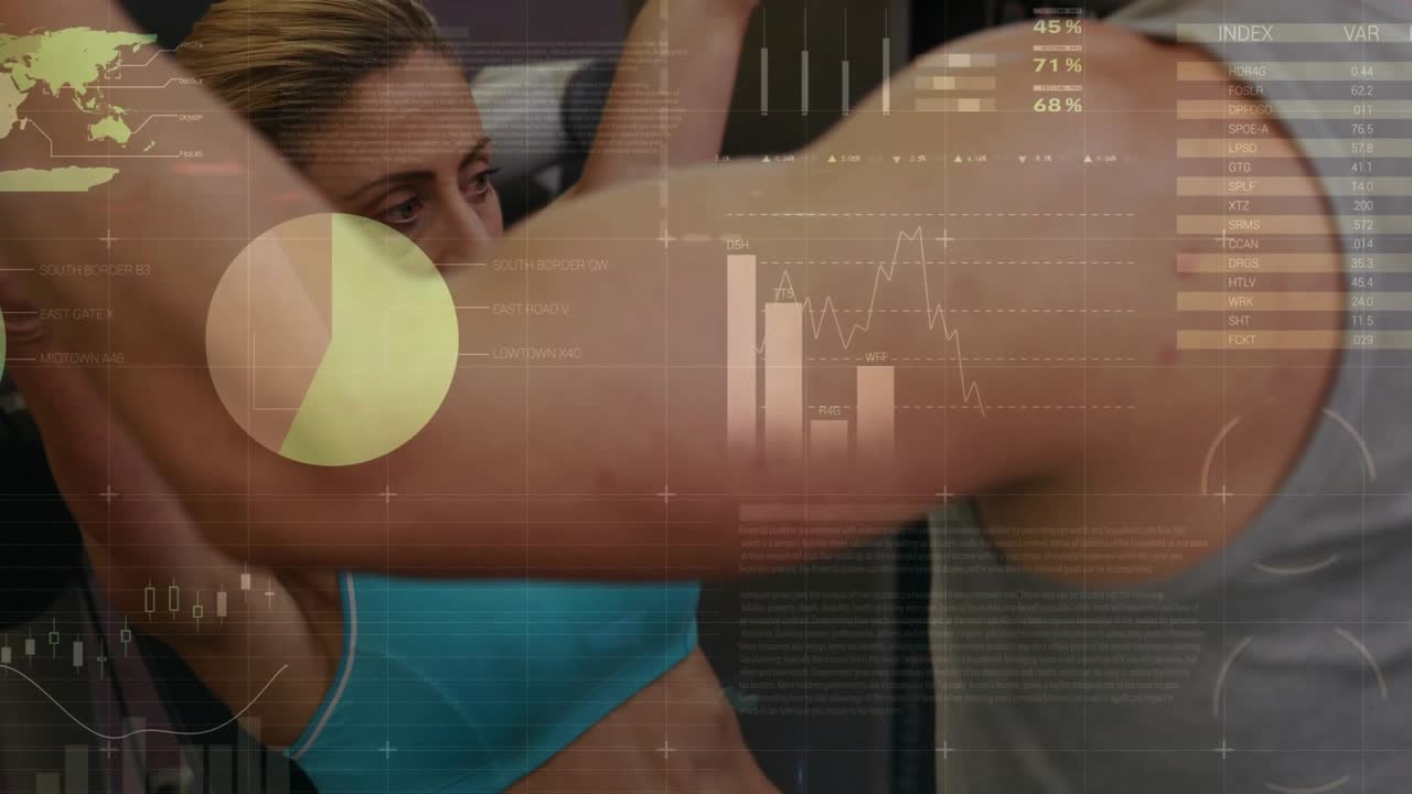 Woman gripping chest press, pressing out while male spotting HUD moving arm hiding fitness tracking