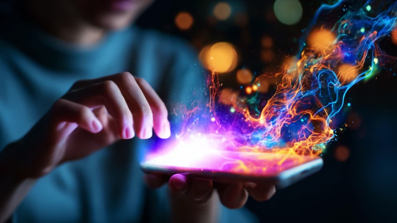 A Mesmerizing Display of Digital Creativity: Embracing the Fusion of Technology and Art Through Vibrant Light Effects Emanating from a Smartphone in a Dark Setting