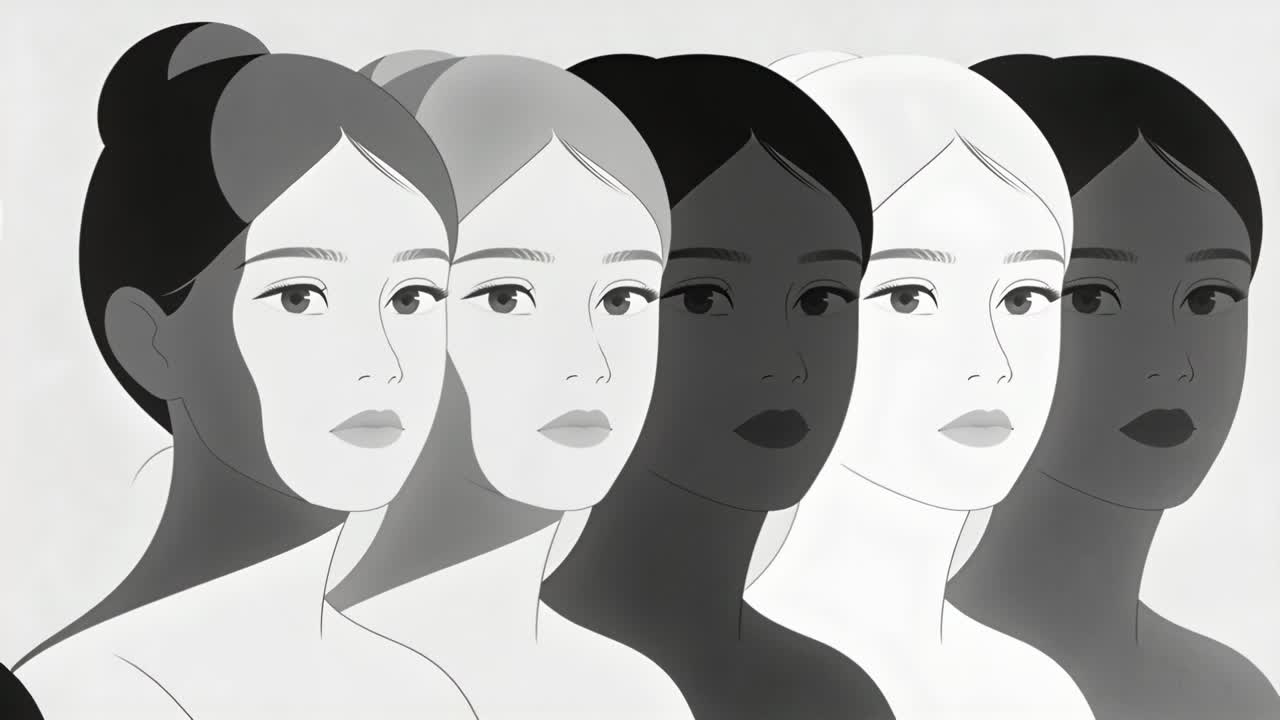 Animazione di una fila di donne stilizzate che ruotano su uno sfondo, rivelando i tratti del viso e tonalità di grigio.