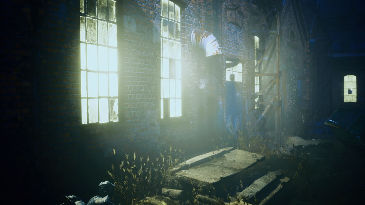 Urban exploration in abandoned warehouse with glowing windows at night