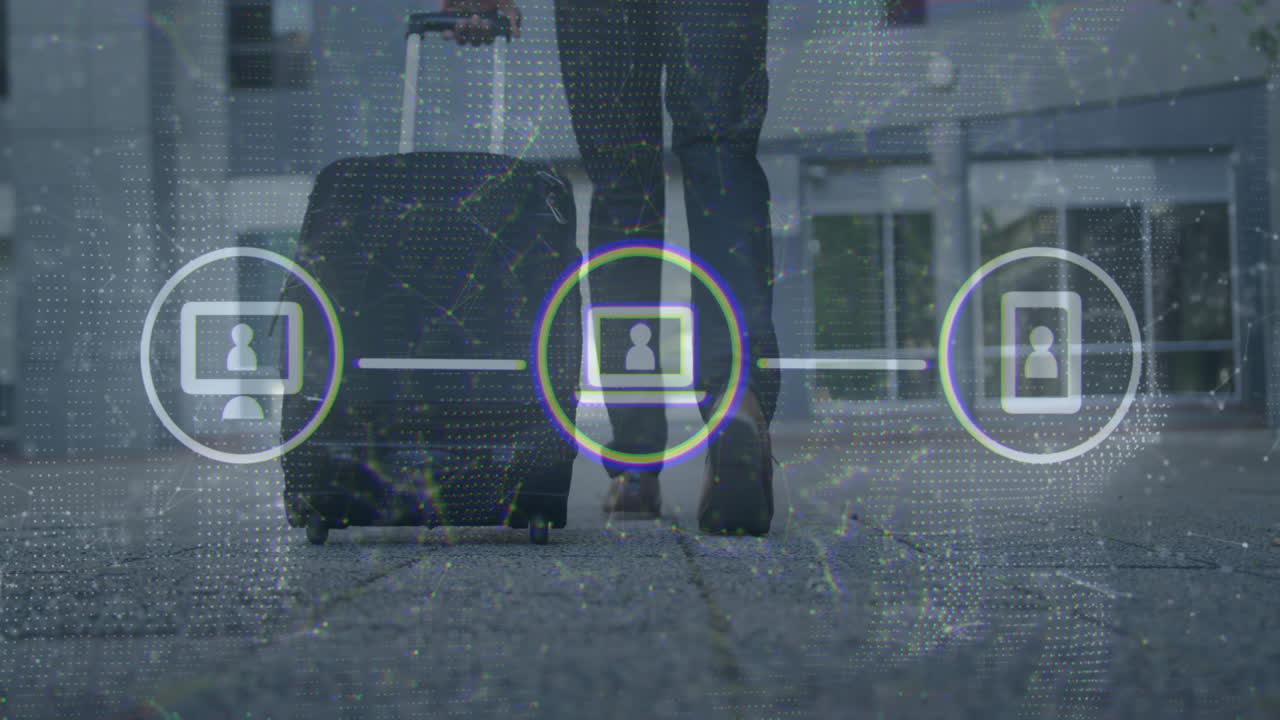 caminando con una maleta, persona a través de la red digital y la seguridad de los iconos de animación