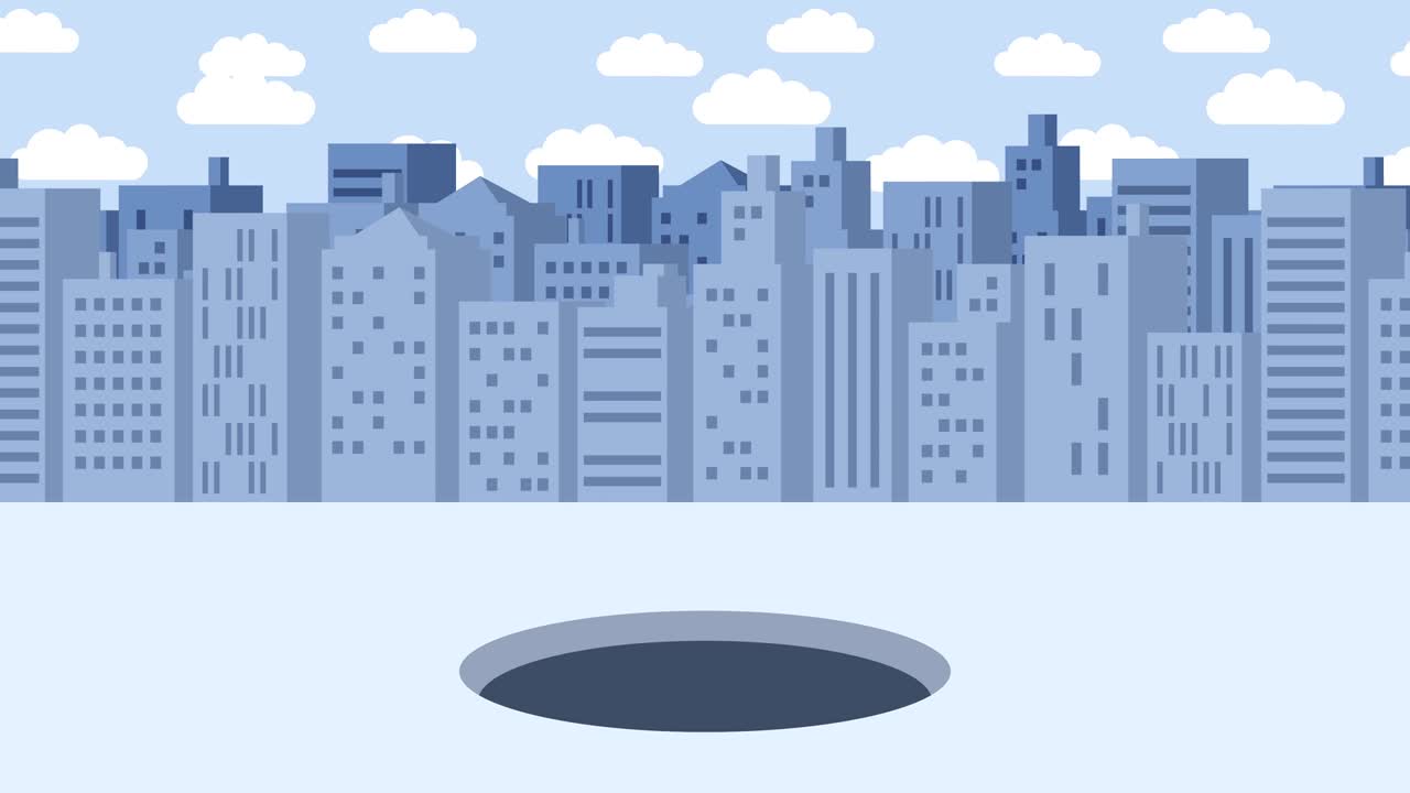 Business man fall into the hole. Background of buildings. Risk concept. Loop illustration in flat style.