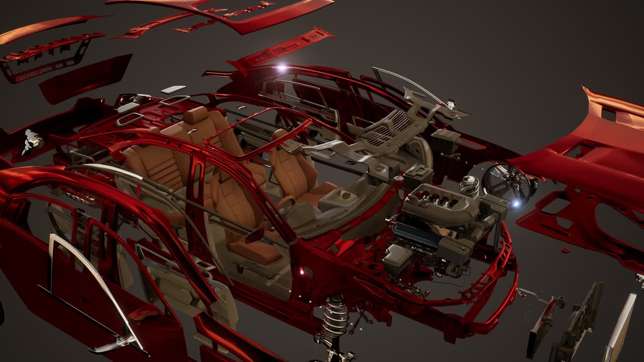 coche desmontado con partes visibles