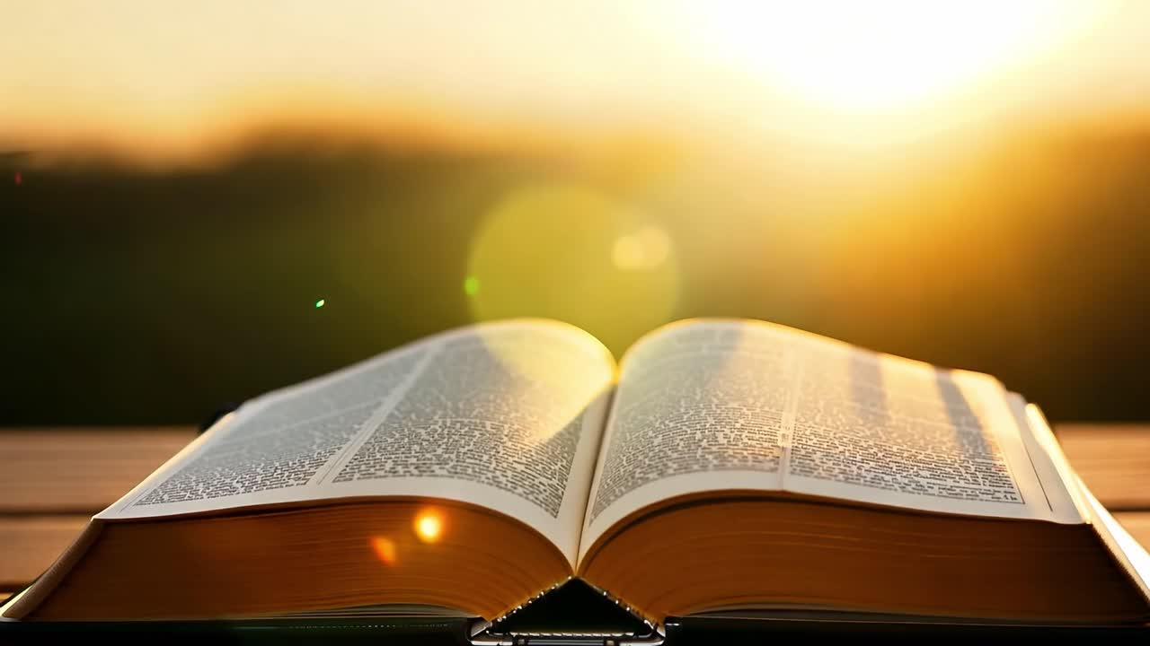 libro abierto yace en una mesa como la luz del sol fluye a través de sus páginas, creando una atmósfera pacífica e inspiradora