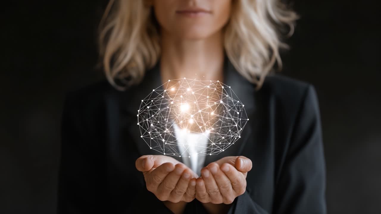 Uma mulher segura em suas mãos uma rede radiante e interconectada, simbolizando inovação e criatividade e representando a fusão da tecnologia com o intelecto humano.