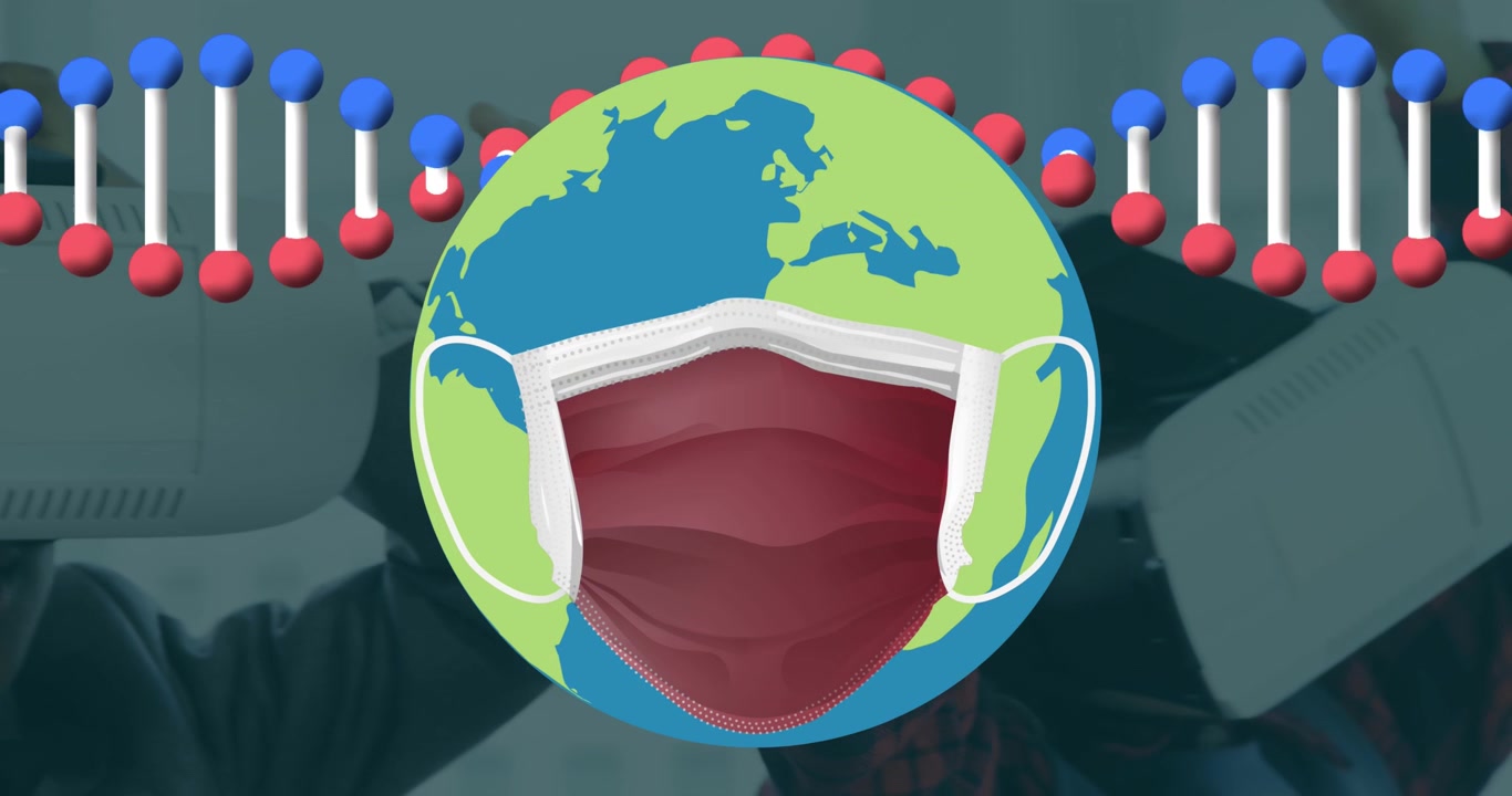 Animation of globe with mask and data processing over dark background