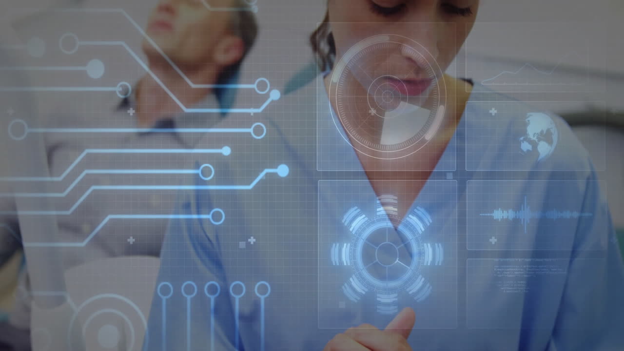 Female medical professional using tablet in clinical lab, displaying holographic HUD data panels