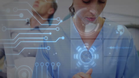 female medical professional using tablet in clinical lab, displaying holographic hud data panels