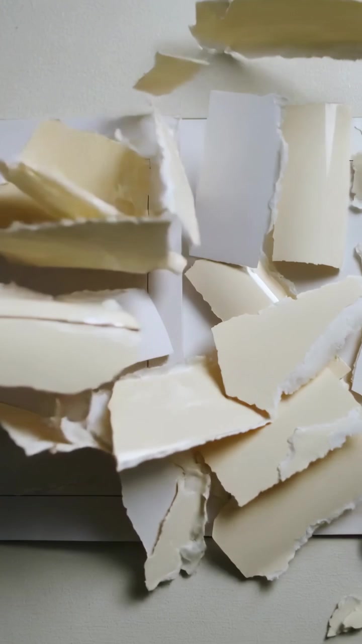 Vertical video: Pulling tear at fold, unseen hand ripping folded sheet on table, obscuring frames