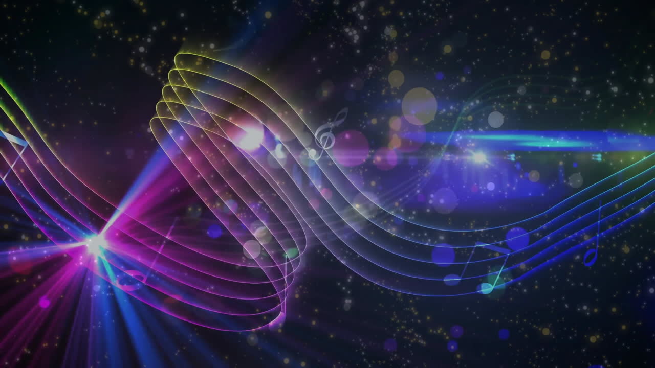 Colorful light waves and particles animation over dark starry background