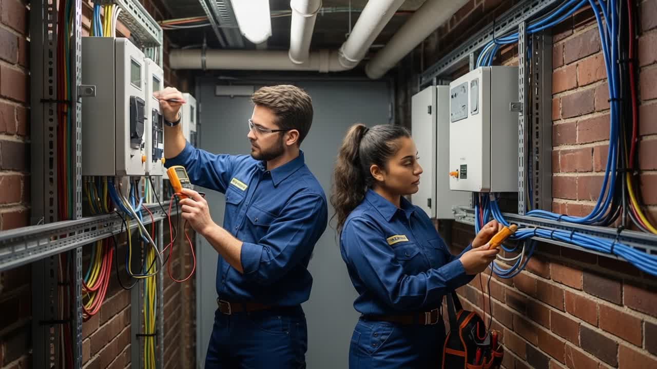 Skilled Electricians Performing Diagnostic Testing on Electrical Panels in a Modern Industrial Setting to Ensure Safety and Functionality of Wiring Systems