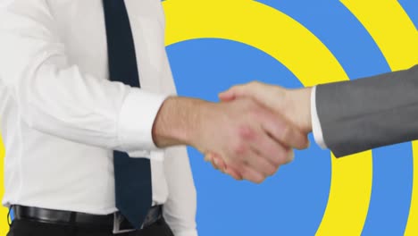 animation of caucasian business people shaking hands over flag of ukraine