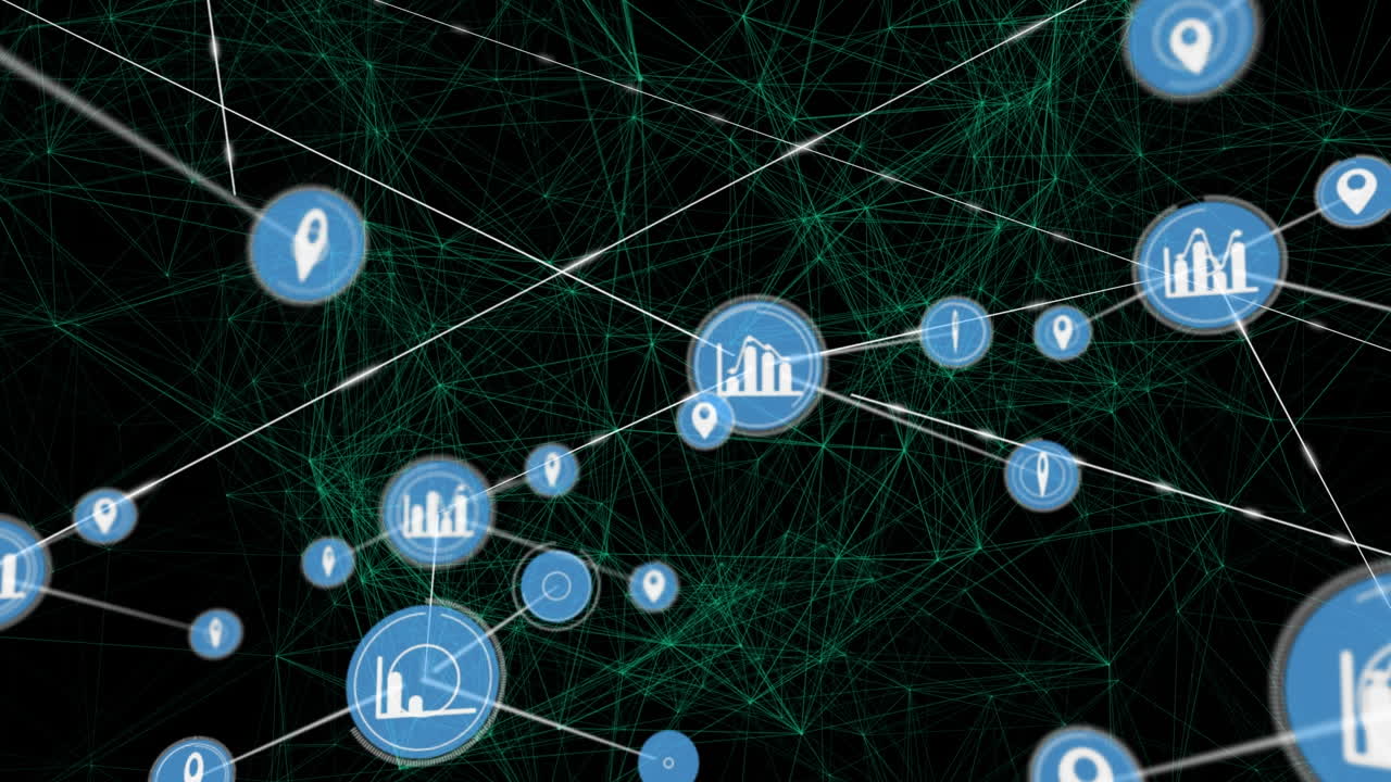 Animation of network of connections with icons over black background