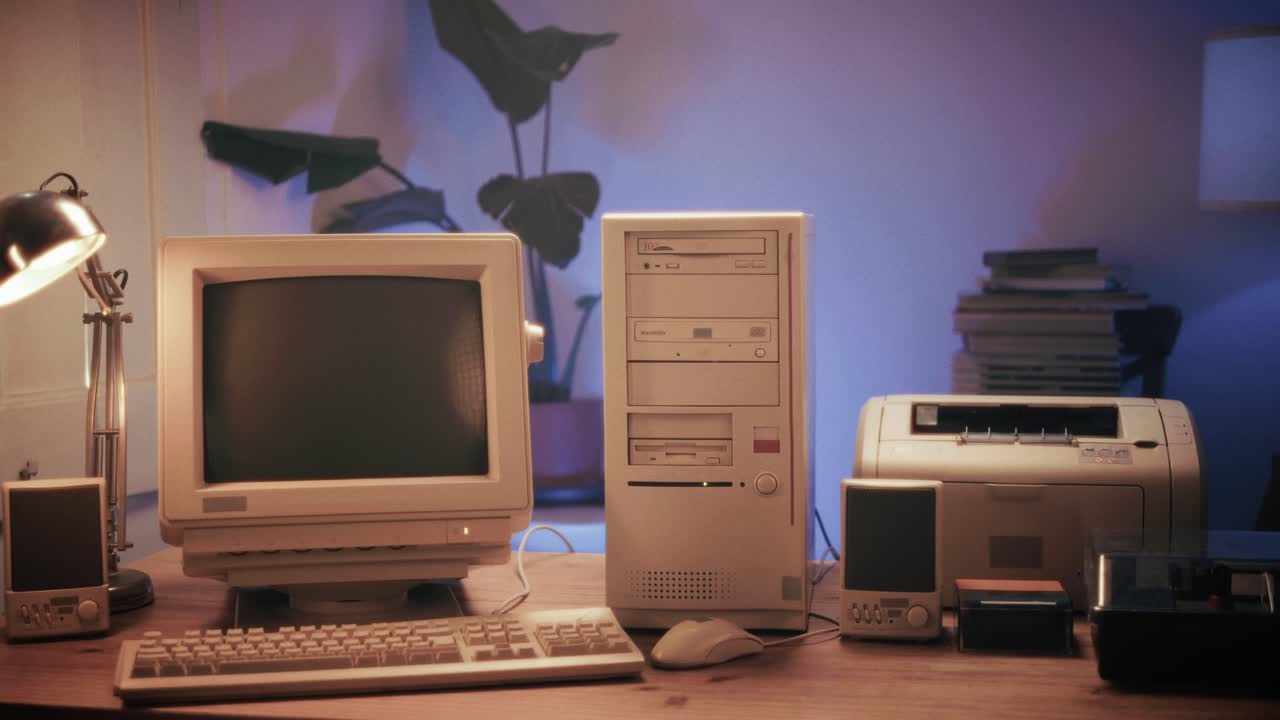 Retro pc computer gaming, Desktop vintage with loading code console, programmer making scripts, green basic screen, Old computer studio close-up, retro wave display, late 90s PC.