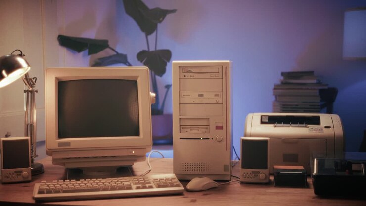 Retro pc-gaming, vintage desktop med konsol, der indlæser kode, programmør skriver scripts, grøn BASIC-skærm, nærbillede af gammelt computerstudie, retro-skærm, pc fra slut-90'erne