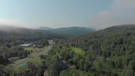 drone angled flyover of gorgeous valley in the catskill mountains of new york state