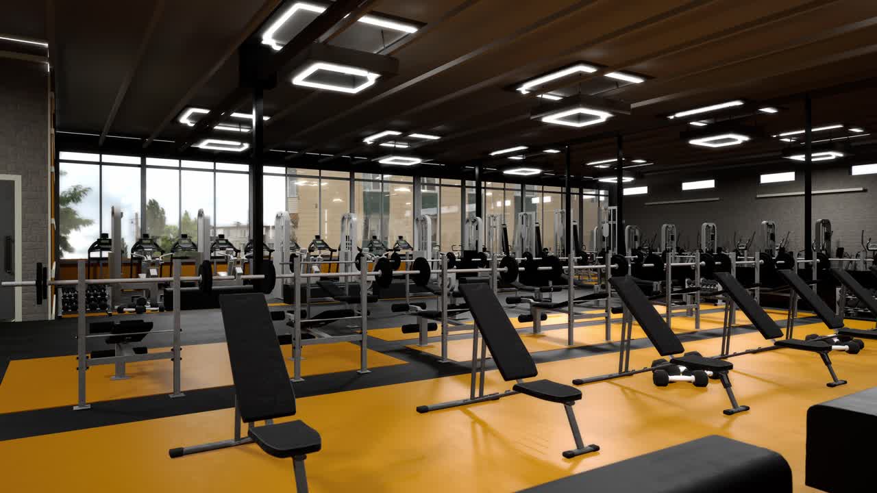 área interior del gimnasio con gimnasio moderno en animación de renderizado 3d. equipos excesivos con diseño moderno. visualización 3d