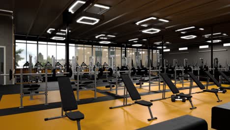 interior gym's area with modern gym in 3d render animation. excesie equipments with modern design. 3d visualization