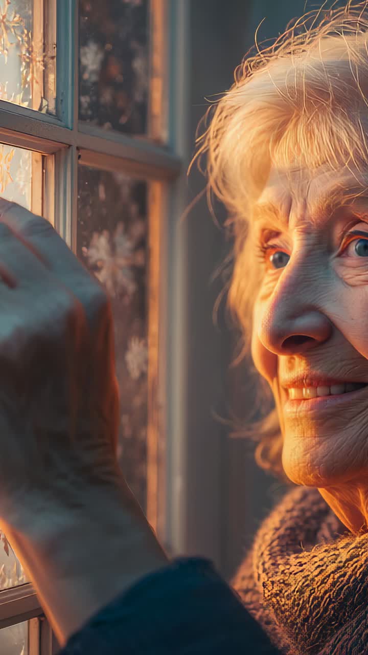 Vertical video: Woman in scarf peeling placing snowflake decals on window for winter, copy space