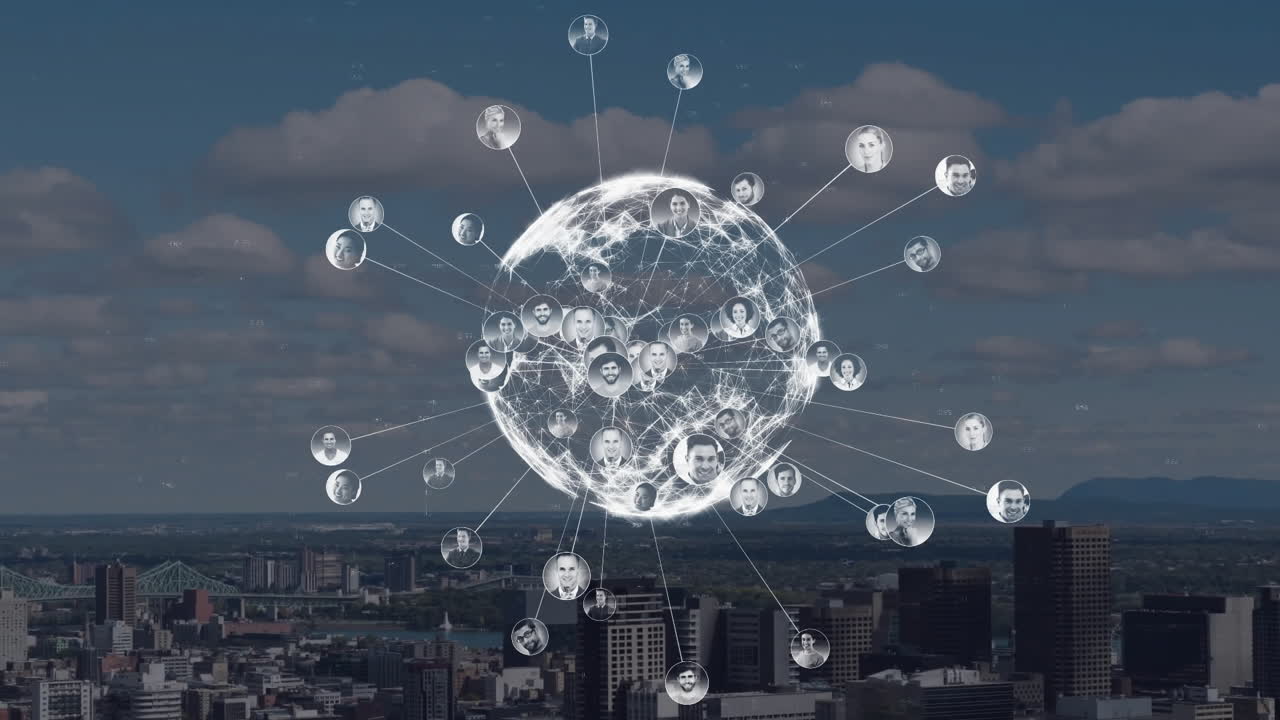 глобальная сеть подключенных людей анимация над городским пейзажем