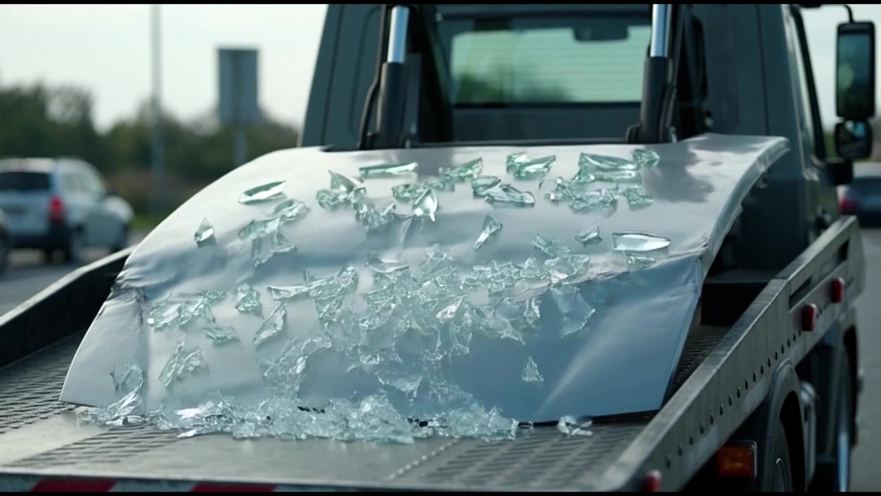 Broken Car Windshield Shards Sliding Off a Tow Truck Bed