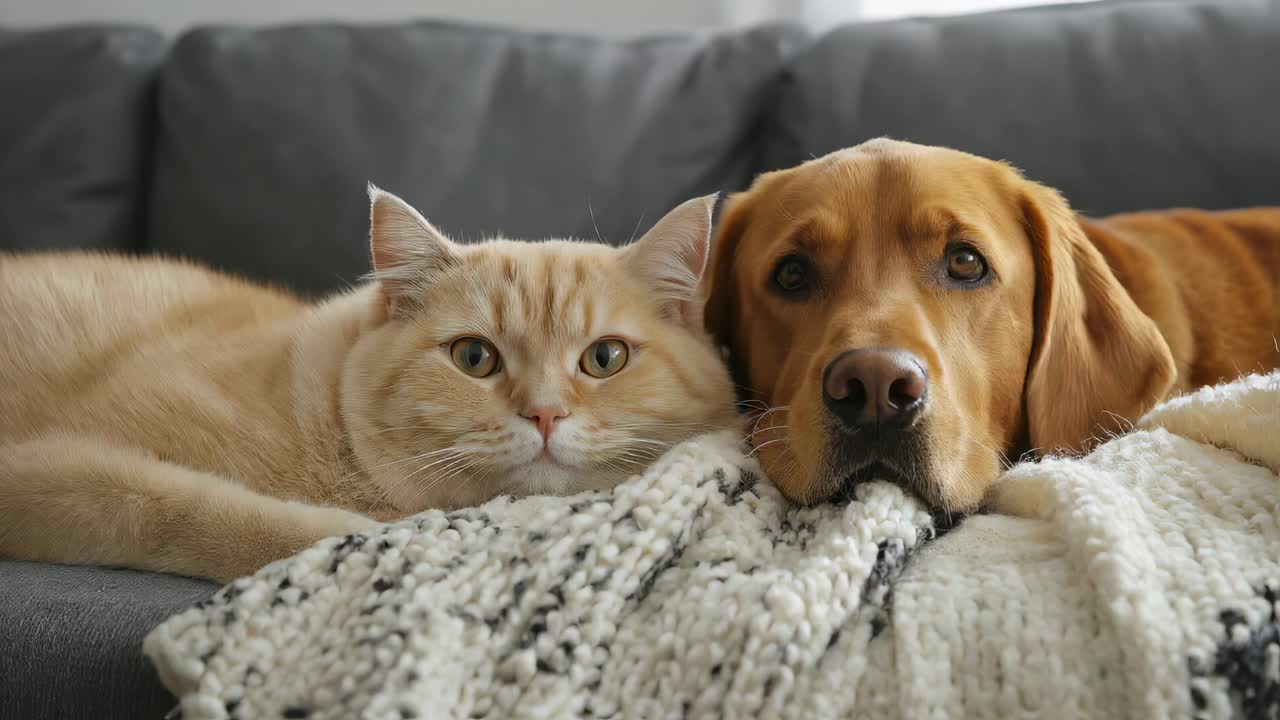 Cat and Dog Relaxing on a Sofa