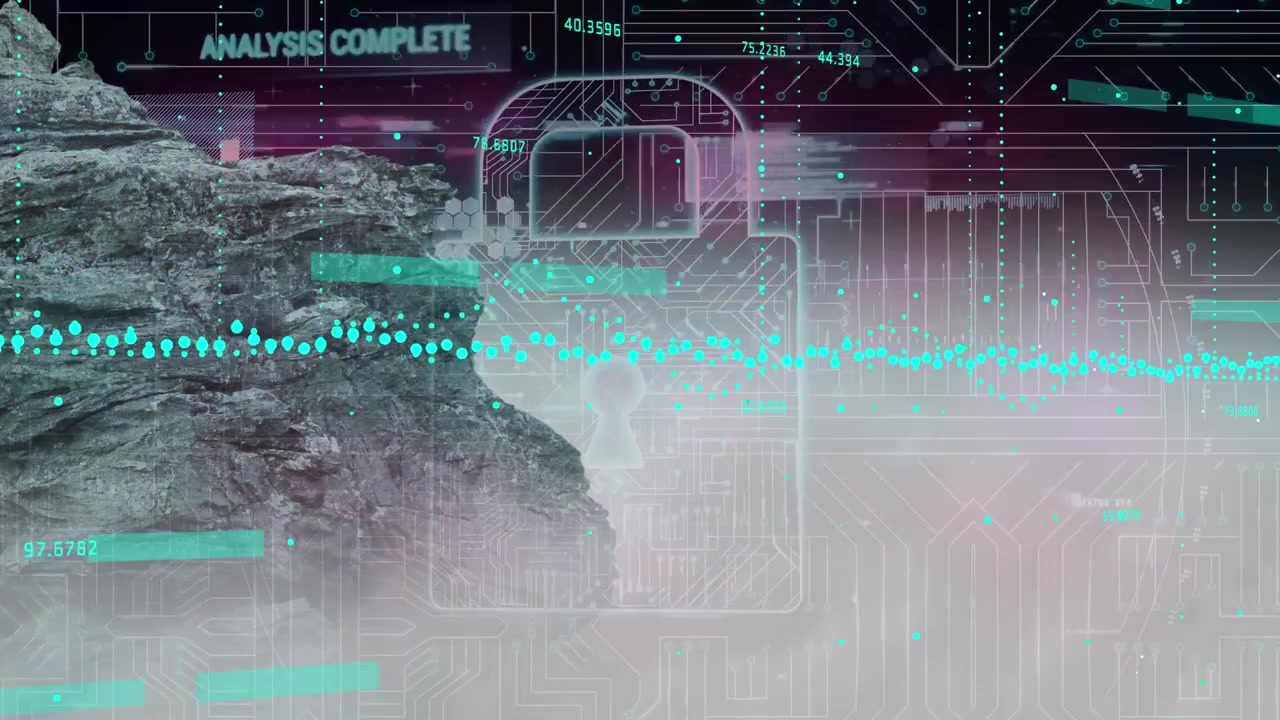 Animation of graphs, data and digital padlock over integrated circuit