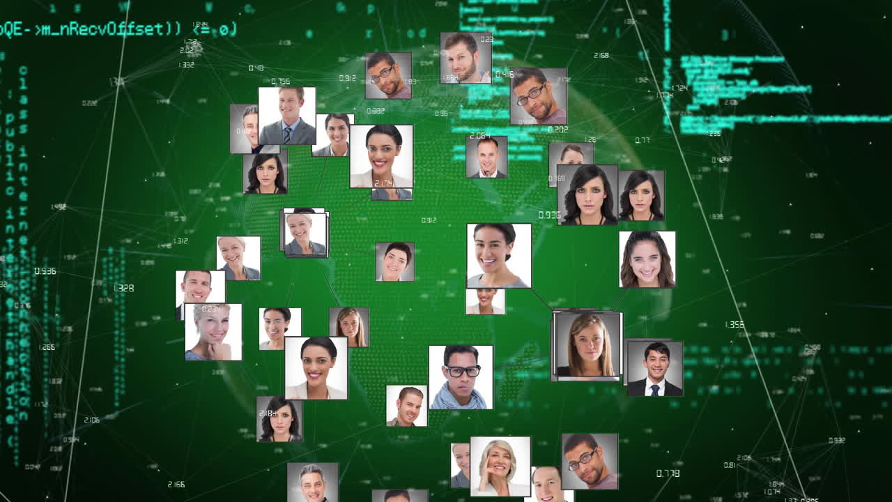 animación de una interfaz digital que muestra información con imágenes de personas de negocios