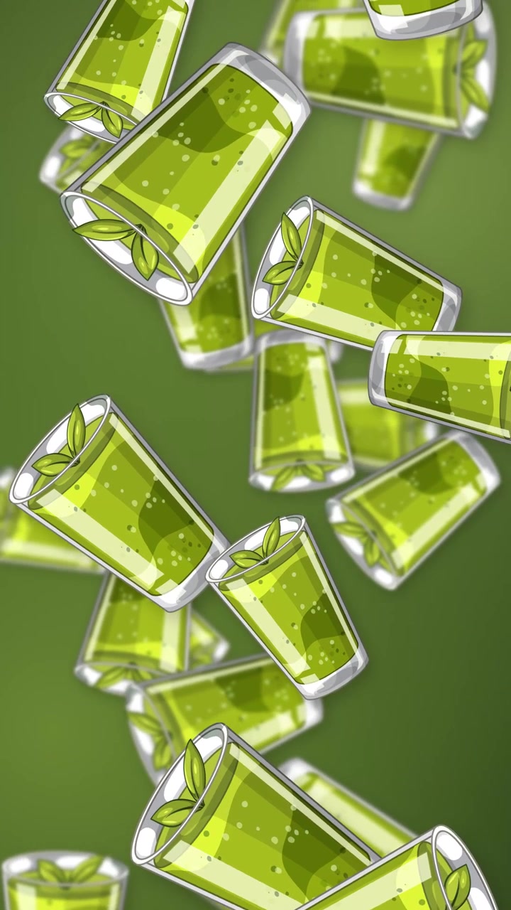 Stylized green smoothie glasses with mint leaves fall continuously against a matching green gradient background.