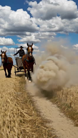 horse-drawn carriage in a wheat field