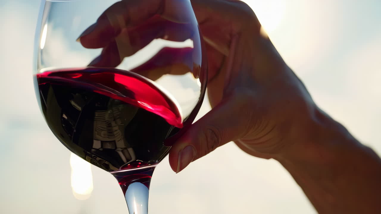 Hand holding glass of red wine outdoors