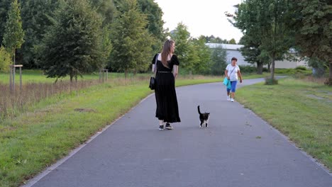 Girl-in-a-black-dress-with-a-cat-walking-side-by-side-on-the-sidewalk-in-the-park