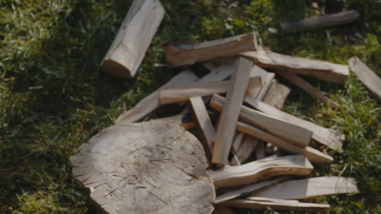 Chopping wooden log with an axe