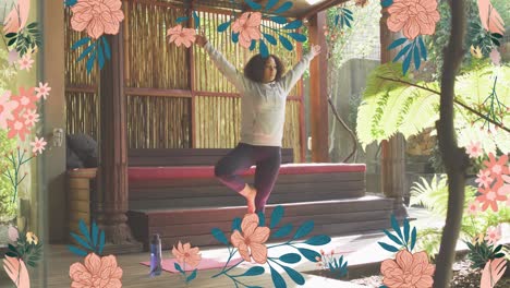 animación de iconos de flores sobre una mujer afroamericana practicando yoga