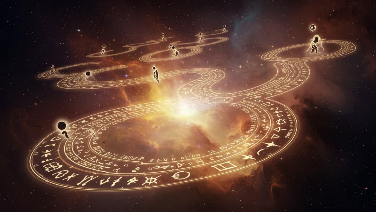 A Cosmic Journey Through Celestial Paths: Exploring the Enigmatic Symbols and Figures in an Astounding Nebula Landscape