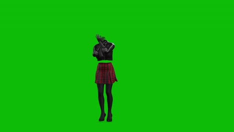 3D-invincible-woman-wearing-leather-jacket,-short-skirt-and-high-heels,-dancing-on-green-screen,-3D-animation