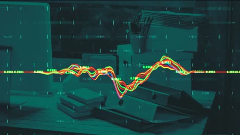 Animation-of-financial-data-processing-with-fluctuating-lines-over-office-desk