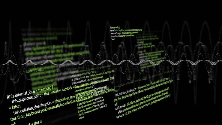 Waveform pulsing, zooming and panning scene, 3D code panels sliding and rotating, visualizing flow