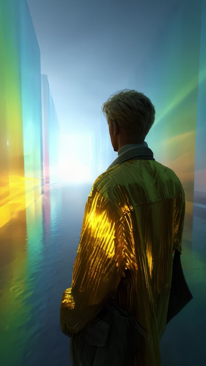 A Reflective Journey Through a Surreal Corridor of Light, with a Figure Cloaked in Golden Fabric Walking Towards an Ethereal Horizon of Color and Reflection