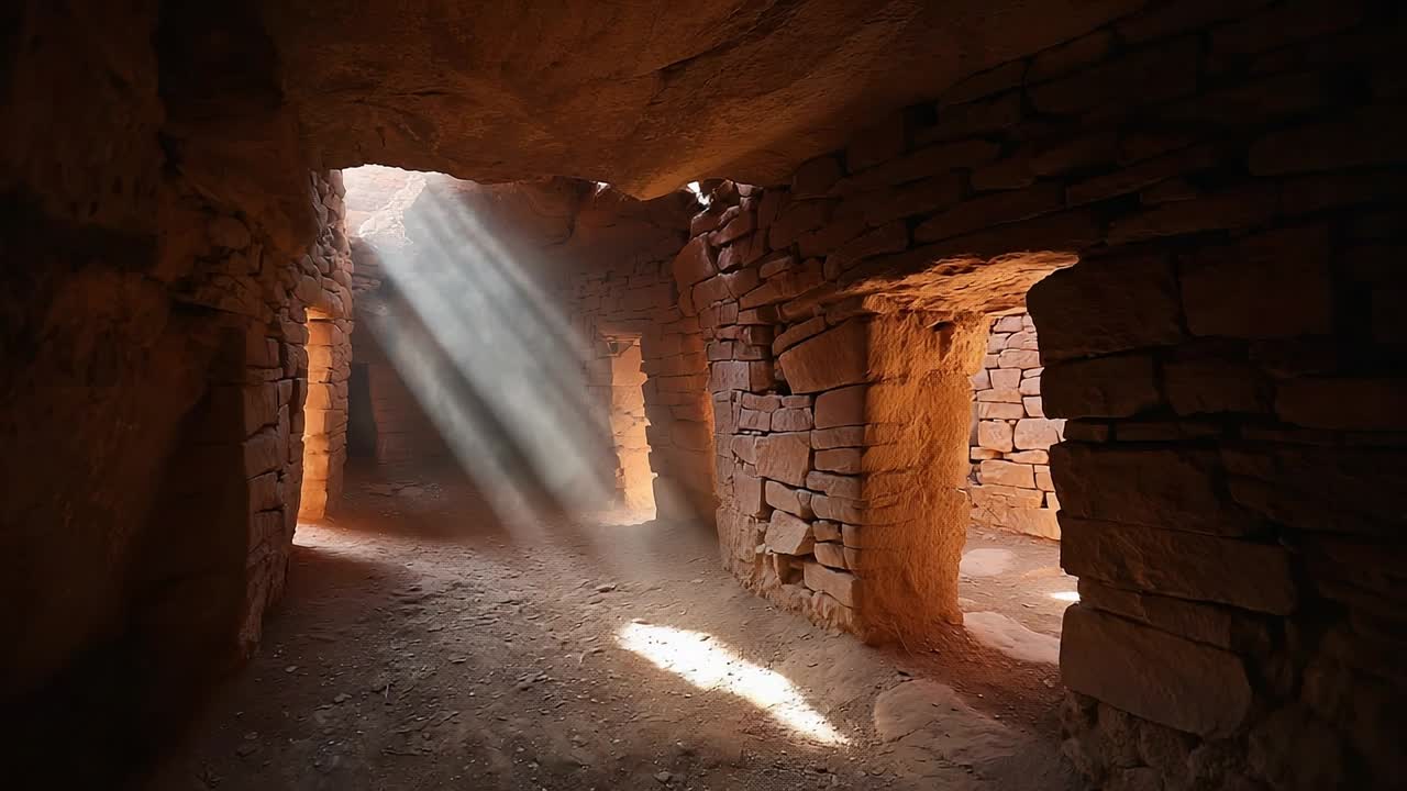 Antiche rovine in pietra illuminate dalla luce del sole in un luogo sereno.
