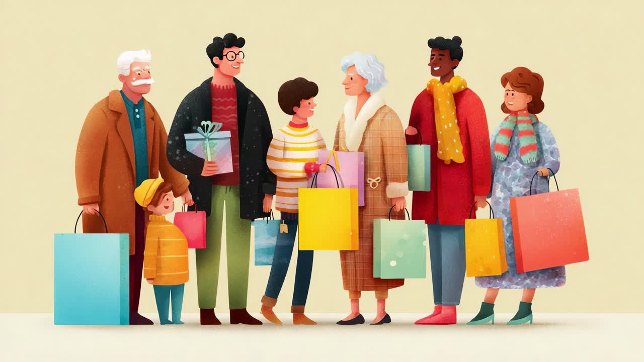 A Joyful Group of Shoppers Showcasing Festive Spirit with Multicolored Shopping Bags, Conveying Togetherness and Celebration in a Whimsical Illustrative Style
