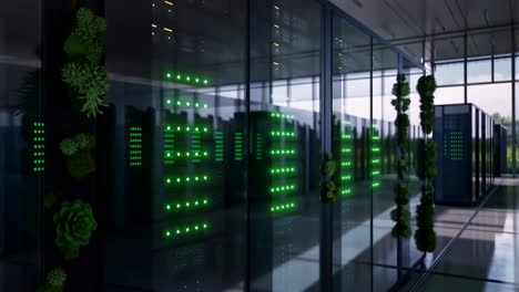 green data center with server racks and indoor plants