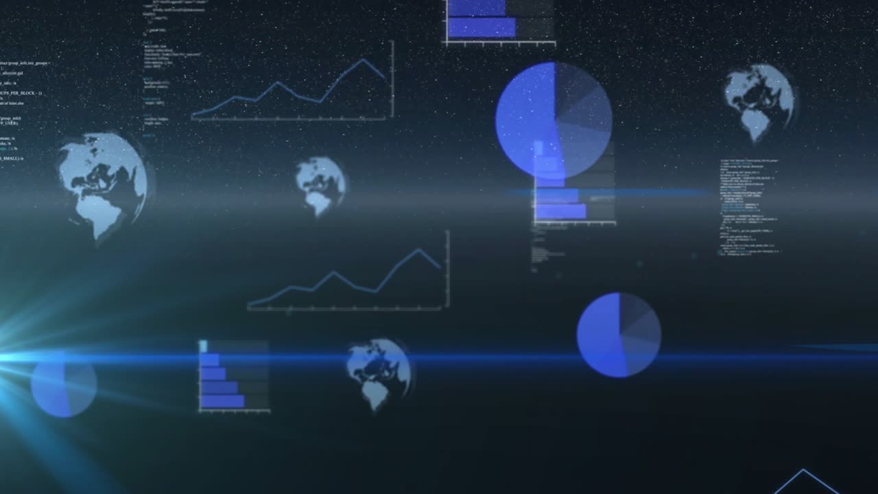 Blue flare emerging left casting beam, data elements animating into place revealing data dashboard
