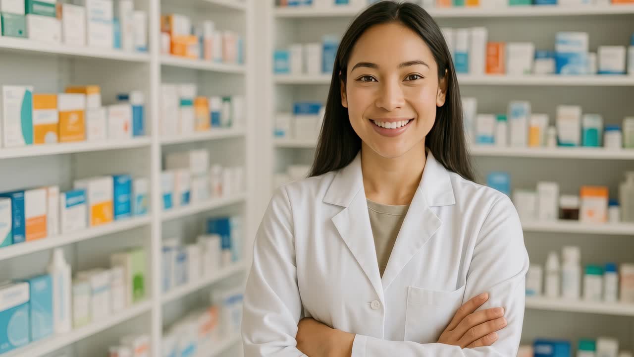 A smiling pharmacist in a white coat stands confidently in a pharmacy